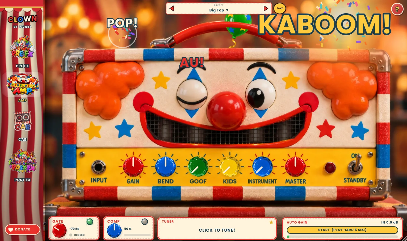 CLOWN AMP plug-in: a clown-faced amp head with Gain, Bend, Goof, Kids, Instrument and Master knobs