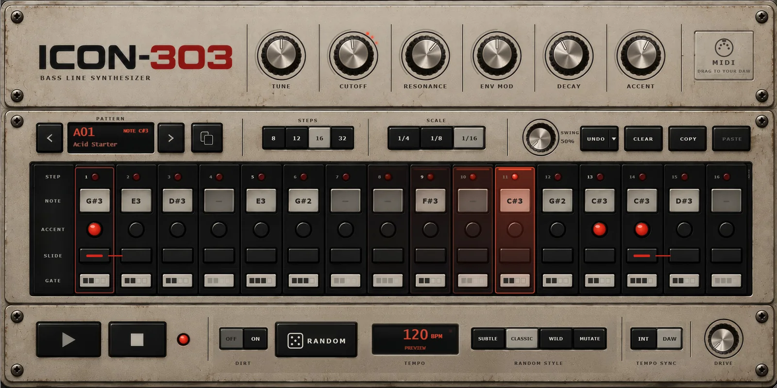 ICON-303 plug-in: brushed-metal bass line synthesizer with Tune, Cutoff, Resonance, Env Mod, Decay and Accent knobs, a MIDI drag box, a pattern display, step, scale and swing controls, a 16-step sequencer with note, accent, slide and gate rows, and play, dirt, random, tempo, tempo sync and drive controls