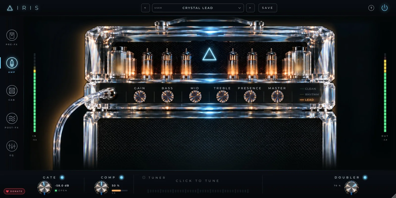 IRIS AMP plug-in: a crystal amp head with glowing tubes and Gain, Bass, Mid, Treble, Presence and Master