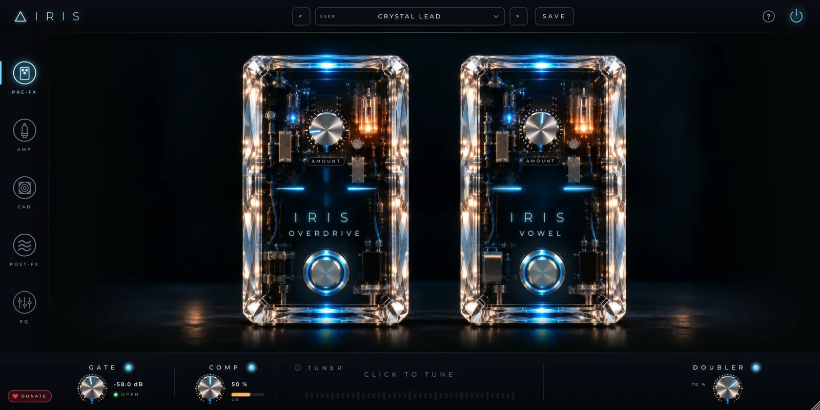 IRIS AMP Pre-FX: crystal Overdrive and Vowel pedals