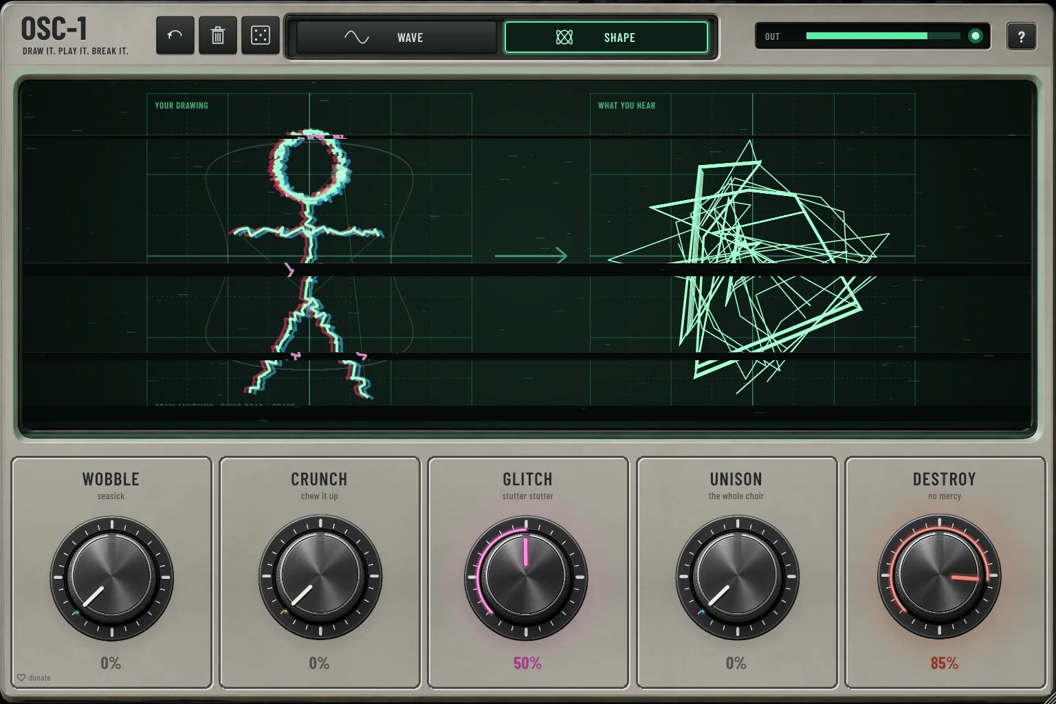 OSC-1 with GLITCH and DESTROY up: a stick figure torn apart by glitches