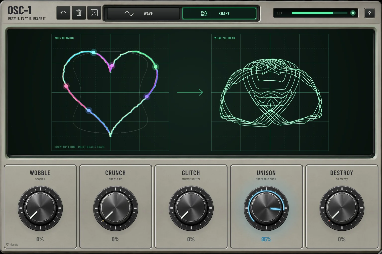 OSC-1 plug-in in SHAPE mode: a drawn heart on the left and the sound it makes on the right, blooming into a spirograph with UNISON at 85%
