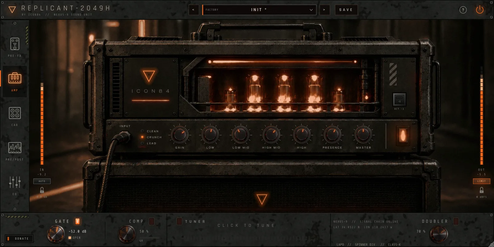 REPLICANT-2049H plug-in: a rugged amp head with glowing orange tubes, channel switch and Gain, Low, Low Mid, High Mid, High, Presence and Master