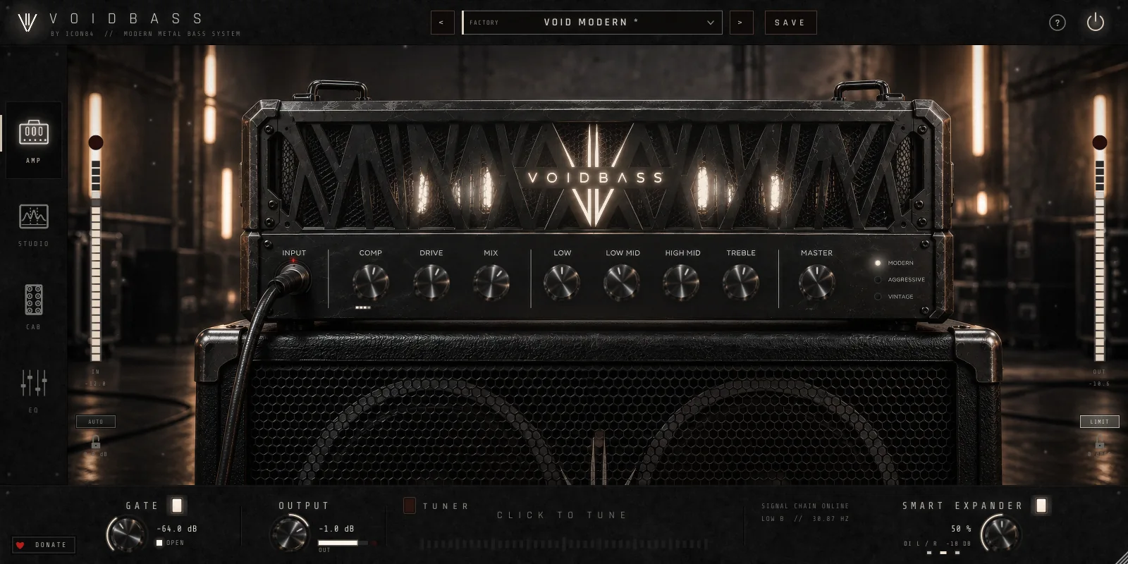 VOIDBASS plug-in: a dark bass amp head with glowing tubes, Comp, Drive, Mix, Low, Low Mid, High Mid, Treble and Master, and Modern, Aggressive and Vintage voicings