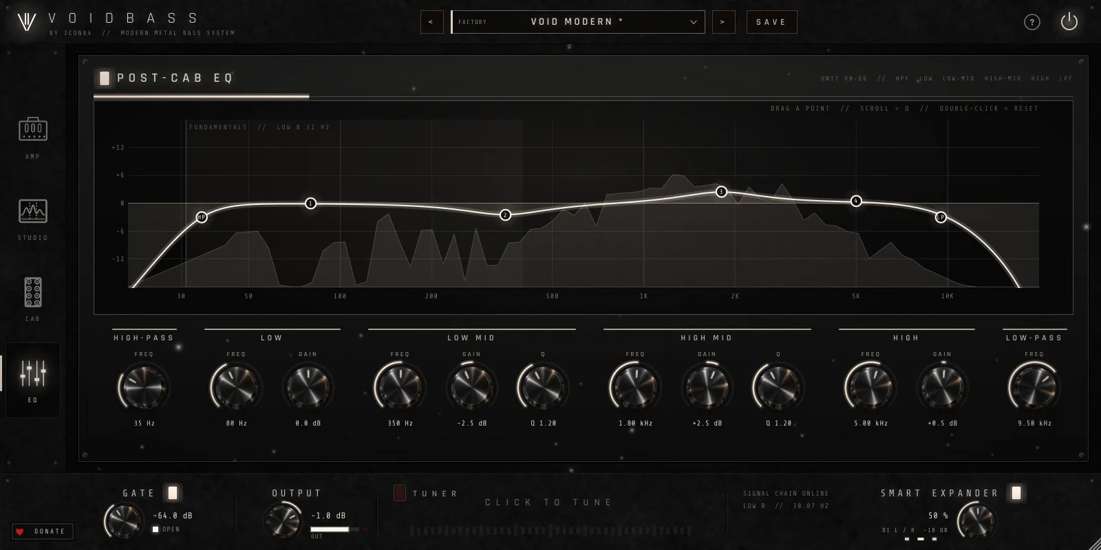 VOIDBASS post-cab EQ with an interactive curve and live analyser