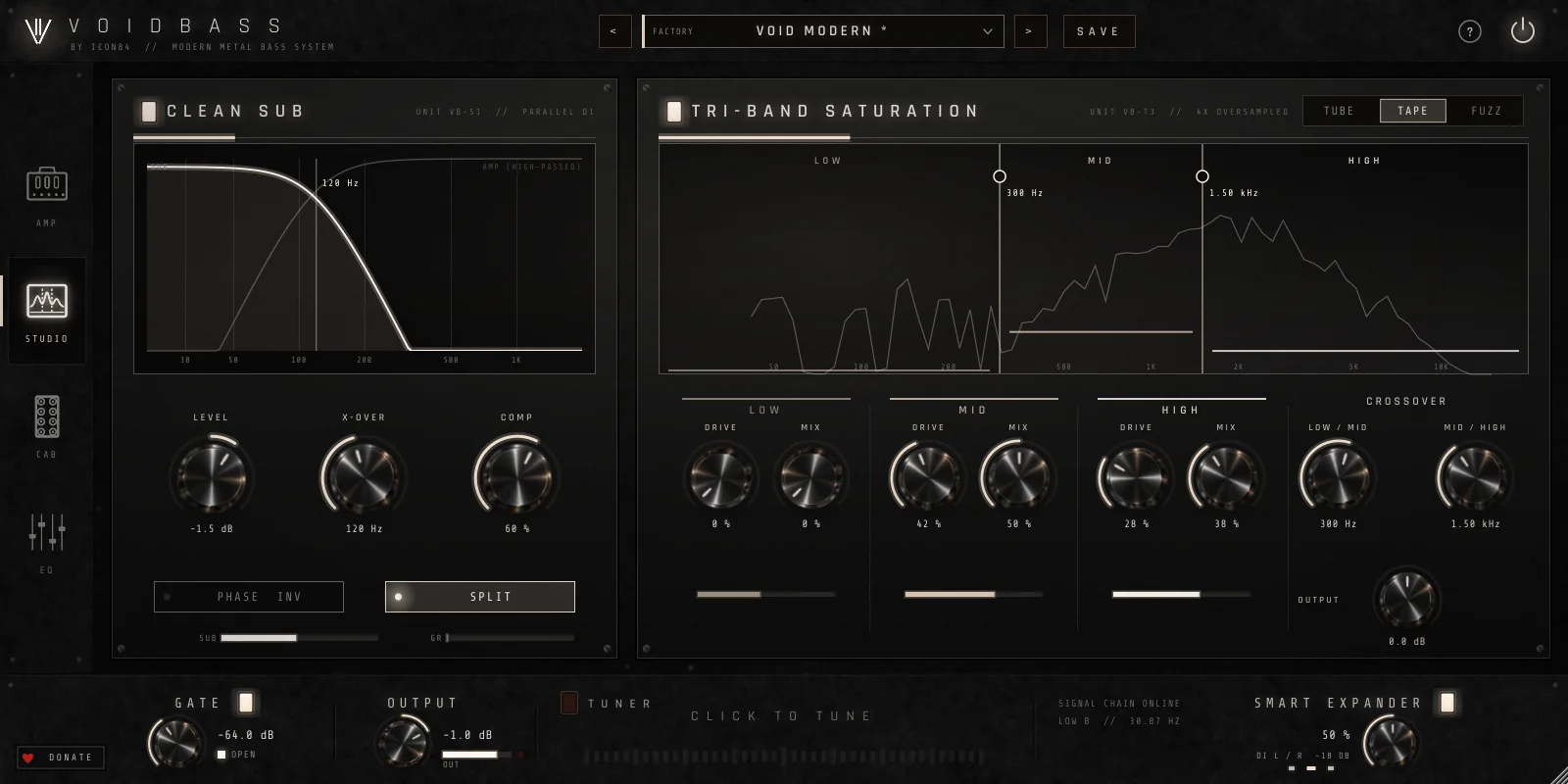 VOIDBASS Studio page: Clean Sub with crossover and Tri-Band Saturation with Tube, Tape and Fuzz